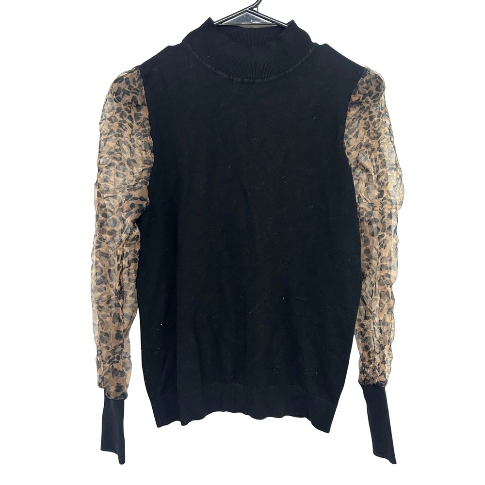 Mob Wife Leopard Print Sheer Puff Sleeve Sweater Medium Black statement Top